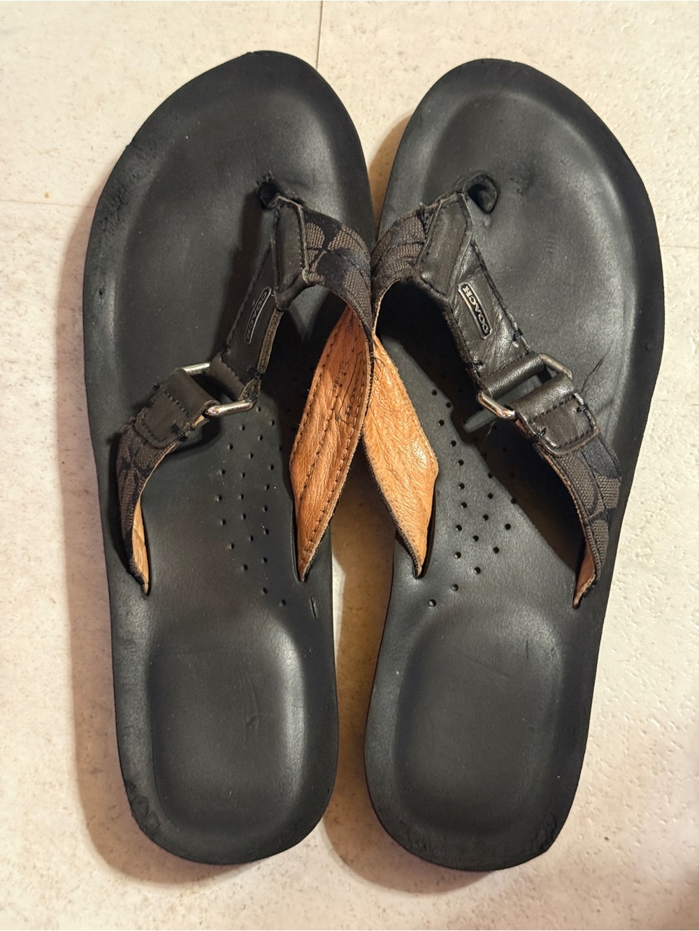 Coach Men's Black Footbed with Brown Accent Logo Thong Sandals